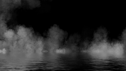 Mystery fire coastal fog . Smoke on the shore . Reflection in water. Texture overlays background. Stock illustration.