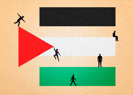 Conceptual illustration of people with dramatic spotlight on Palestine flag