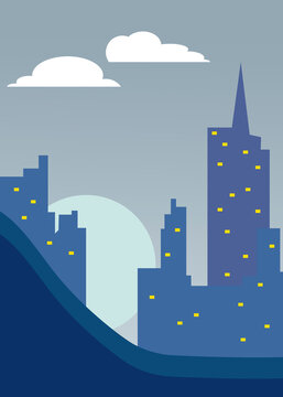 Urban night cityscape illustration with skyscrapers and moon
