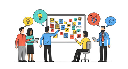 Diverse team of professionals collaborating around a whiteboard filled with sticky notes and icons, brainstorming ideas.