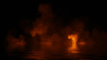 Obraz premium Mystery fire coastal fog . Smoke on the shore . Reflection in water. Texture overlays background. Stock illustration.
