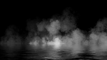 Mystery fire coastal fog . Smoke on the shore . Reflection in water. Texture overlays background. Stock illustration.