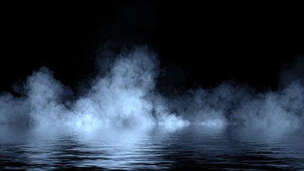 Fototapeta premium Mystery fire coastal fog . Blue smoke on the shore . Reflection in water. Texture overlays background. Stock illustration.