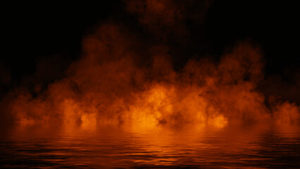 Mystery fire coastal fog . Smoke on the shore . Reflection in water. Texture overlays background. Stock illustration.