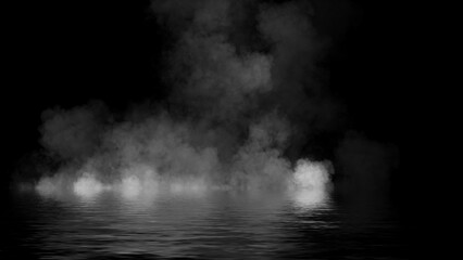 Mystery fire coastal fog . Smoke on the shore . Reflection in water. Texture overlays background. Stock illustration.