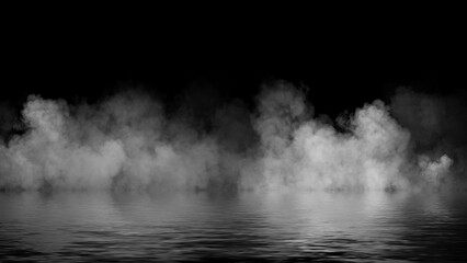 Mystery fire coastal fog . Smoke on the shore . Reflection in water. Texture overlays background. Stock illustration.