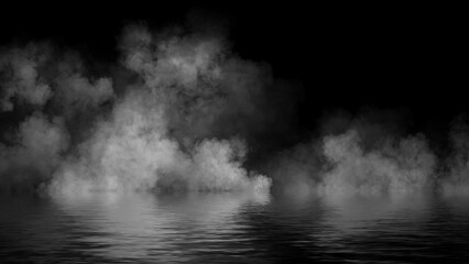 Fototapeta premium Mystery fire coastal fog . Smoke on the shore . Reflection in water. Texture overlays background. Stock illustration.