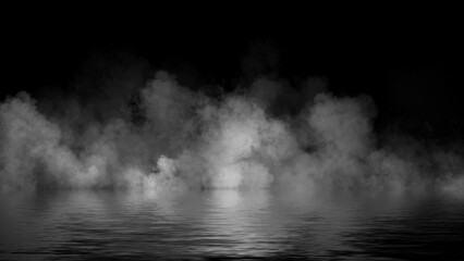 Mystery fire coastal fog . Smoke on the shore . Reflection in water. Texture overlays background. Stock illustration.