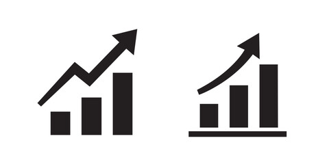 Simple black and white analytics chart icon with rising bars and arrow, great for business growth, finance, and reporting concepts.
