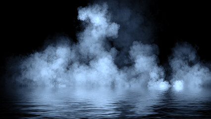 Mystery fire coastal fog . Blue smoke on the shore . Reflection in water. Texture overlays background. Stock illustration.