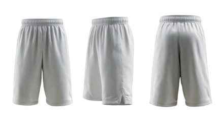 Three views of plain, light gray athletic shorts