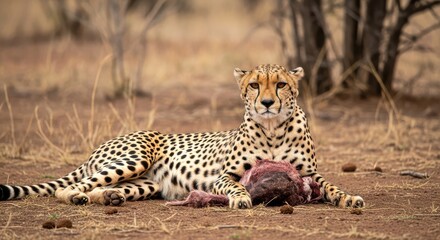 Fototapeta premium Cheetah enjoying a freshly caught meal in the African savanna landscape
