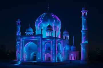 Neon Mosque Architecture – Glowing Islamic Building Illustration