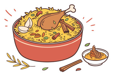 Steaming rice dish featuring chicken drumstick, spices, and garlic in an orange bowl