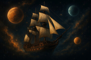 Vintage Sailing Ship in Space – Cosmic Fantasy Adventure Illustration