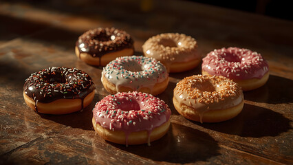 Assorted glazed donuts with colorful sprinkles on rustic wooden table in warm morning light
