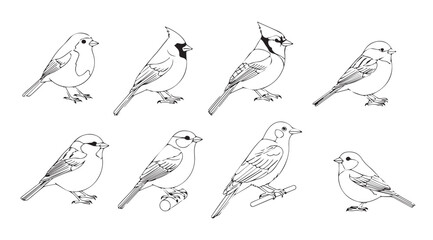Collection of eight detailed bird silhouettes in a sketchy line art style