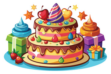 Twotiered cartoon cake decorated with candies, cherries, and striped hat rests near gifts