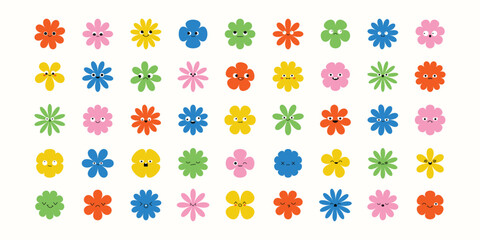Fun set of stylized floral faces in flat cartoon style. Features silly, calm, furious, and amazed expressions. A bold, colorful mix of playful character and petal design.