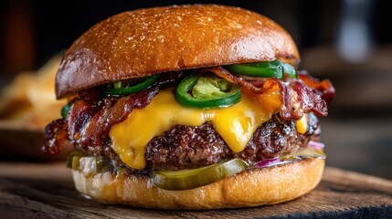 Delicious Burger: a mouthwatering close-up of a burger on a wooden board, oozing with melted cheese, crisp bacon, jalapenos, fresh pickles and a toasted bun. A food lover's feast!