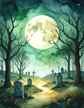 Minimalist abstract illustration of spooky landscape and forest with dead and dry trees, cemetery with tombstones and full moon on night green sky, watercolor illustration