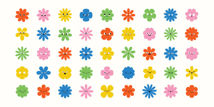 Fun set of stylized floral faces in flat cartoon style. Features silly, calm, furious, and amazed expressions. A bold, colorful mix of playful character and petal design.