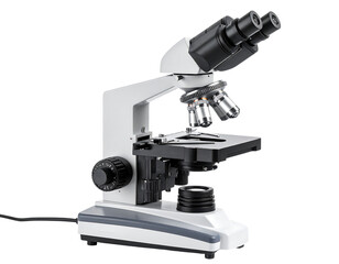 A sleek, white and black compound binocular microscope with adjustable knobs, stage, and multiple lenses, shown in a three-quarter view against a black background