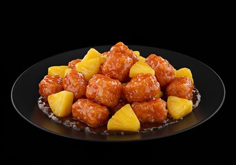 Sweet and Sour Pork with Pineapple on Bright Blue Background 