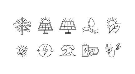 Collection of renewable energy and sustainability icons in a simple silhouette style