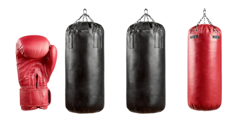 Isolated Red Boxing Glove with Black and Red Punching Bags on Transparent Background