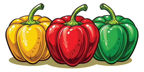 Three cartoon bell peppers line up showing yellow, red, and green colors vividly