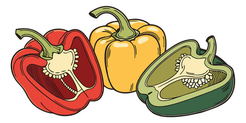 Whole yellow and halved red and green bell peppers are shown side by side