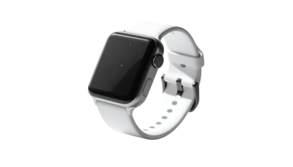 Sleek smartwatch with a minimalist off-white silicone band, subtly textured, showcasing a dark screen and sleek metallic casing