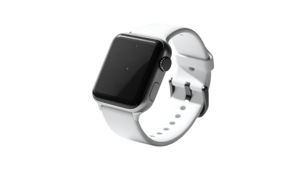 Sleek smartwatch with a minimalist off-white silicone band, subtly textured, showcasing a dark screen and sleek metallic casing