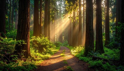 Obraz premium Sunlight streams through ancient forest path