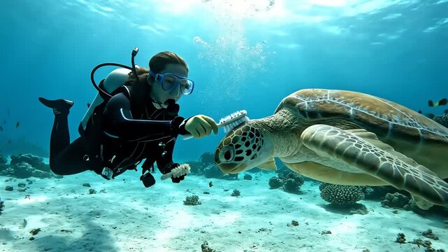 Underwater close-up shot of a scuba diver gently cleaning a sea turtle in a vibrant coral reef; 4k video footage shows a tranquil, turquoise ocean scene.
