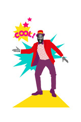 Vertical photo collage of funny american man wear stylish formal suit dance cool party occasion weekend rest isolated on painted background