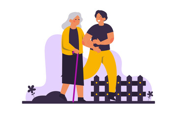 A child holding his elderly mother