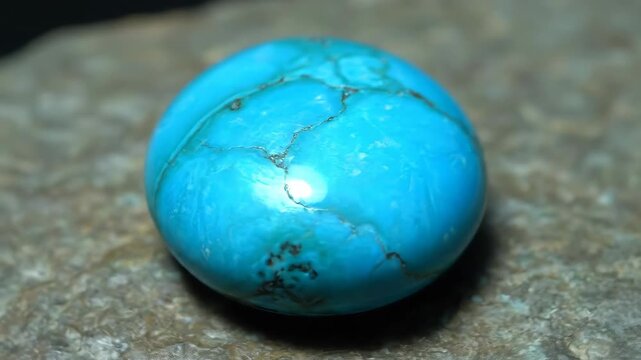 Close Up of a Beautiful Blue Turquoise Gemstone Cabochon on a Rough Stone Surface During Daylight Hours