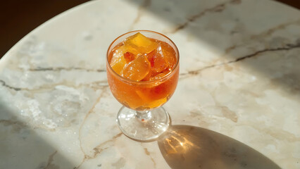Refreshing orange fruit jelly dessert in elegant glass cup on marble table under warm sunlight