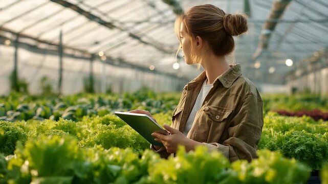 Greenhouse full of plant. Woman scientist stands with tablet. Tablet records crop progress. Plant research continues. Farming improves. Agriculture needs research, technology needs agriculture.