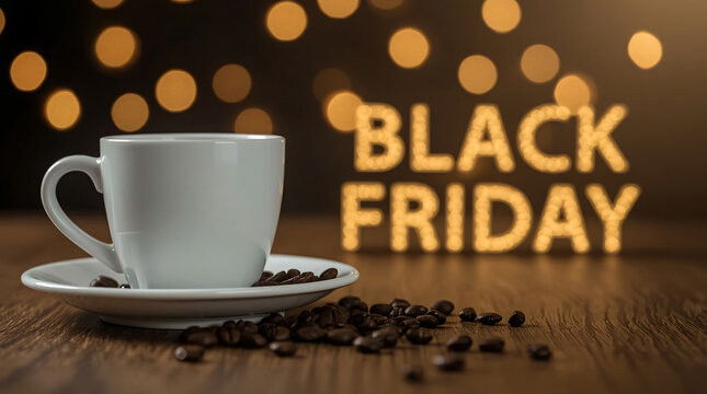 A chic white glass with the words 'BLACK FRIDAY' prominently printed on it sits against a dimly lit festive background with a decorated Christmas tree.