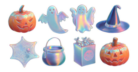 Colorful Halloween Icons with Pumpkin, Ghosts, Hat, and Spider Web
