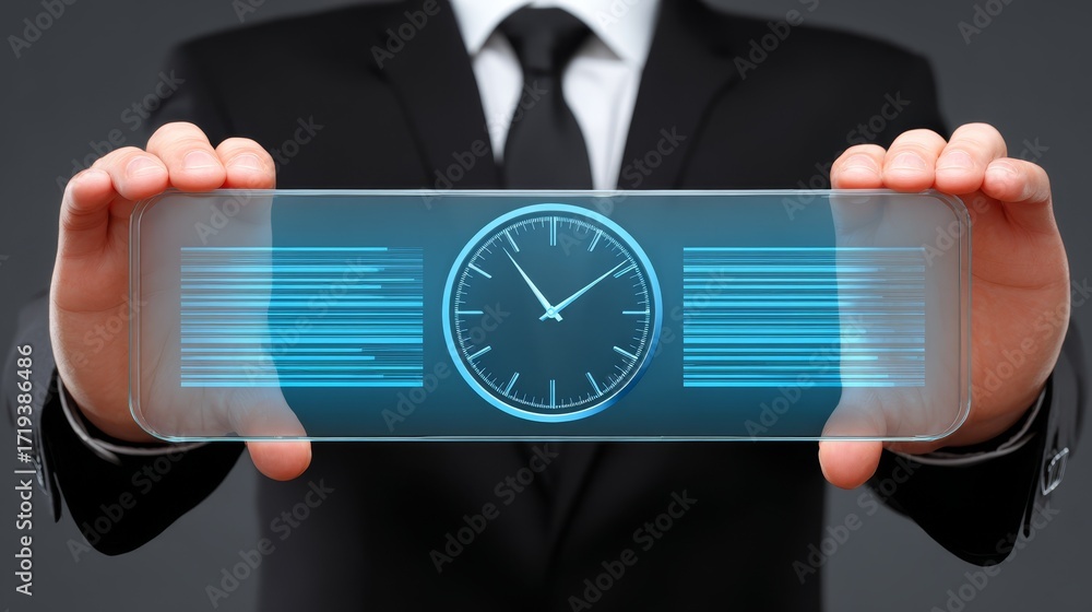 Poster businessman timing efficiency, man in suit checks schedule on phone with clock app, emphasizing punc