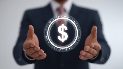 Businessman holding a dollar sign, finance, investment, and economic growth symbolism.