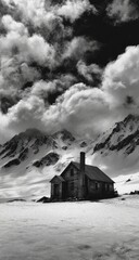 A solitary wooden cabin nestled in a snow-covered mountain valley, enveloped by dramatic clouds.