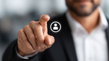 Businessman in suit engaging with interactive display, a symbol of modern technological integration in corporate settings.