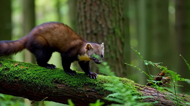 European Pine Marten exploring a mossy branch in a lush green forest