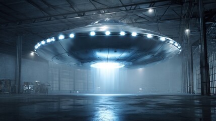 Enigmatic Visitor: An awe-inspiring, metallic, unidentified flying object (UFO) hovers within a dimly lit industrial space, emitting a mysterious beam of light that captivates the imagination.
