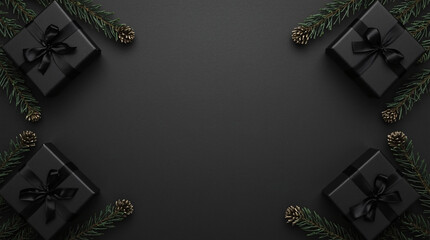 Fototapeta premium Black Friday Sale Background - Black gift box with black ribbon arranged on black background. Black Friday discount concept.